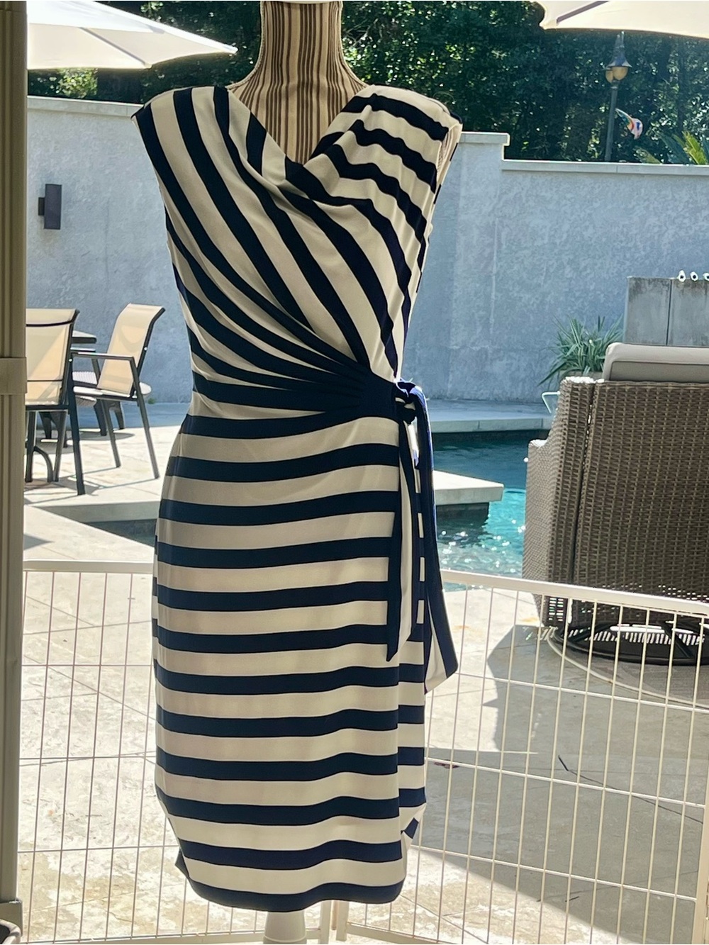 Lauren Ralph Lauren Navy and White Striped Midi Wrap Dress